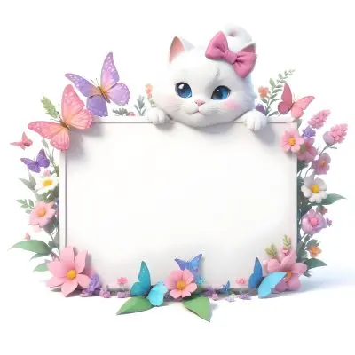A Cute White Cat With A Pink Bow Holding A Blank Sign Surrounded By Colorful Butterflies Flowers And Pastel Decorations 115 9b7f