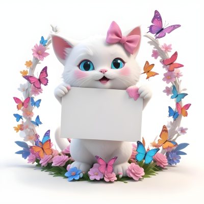 A Cute White Cat With A Pink Bow Holding A Blank Sign Surrounded By Colorful Butterflies Flowers And Pastel Decorations 116 E3b8
