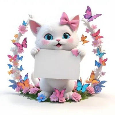 A Cute White Cat With A Pink Bow Holding A Blank Sign Surrounded By Colorful Butterflies Flowers And Pastel Decorations 116 E3b8