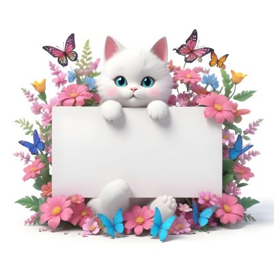 A Cute White Cat With A Pink Bow Holding A Blank Sign Surrounded By Colorful Butterflies Flowers And Pastel Decorations 117 A09c