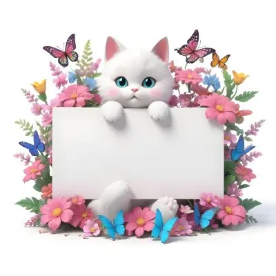 A Cute White Cat With A Pink Bow Holding A Blank Sign Surrounded By Colorful Butterflies Flowers And Pastel Decorations 117 A09c