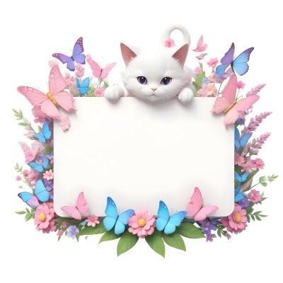 A Cute White Cat With A Pink Bow Holding A Blank Sign Surrounded By Colorful Butterflies Flowers And Pastel Decorations 118 B39f