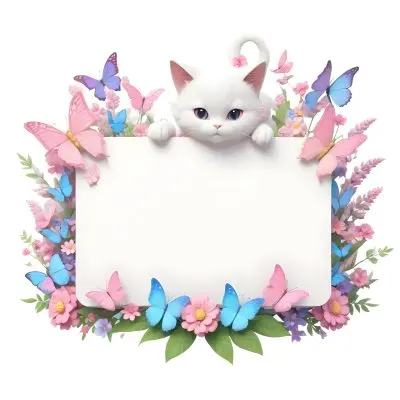A Cute White Cat With A Pink Bow Holding A Blank Sign Surrounded By Colorful Butterflies Flowers And Pastel Decorations 118 B39f