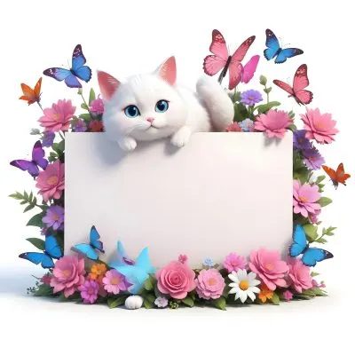 A Cute White Cat With A Pink Bow Holding A Blank Sign Surrounded By Colorful Butterflies Flowers And Pastel Decorations 119 D60a