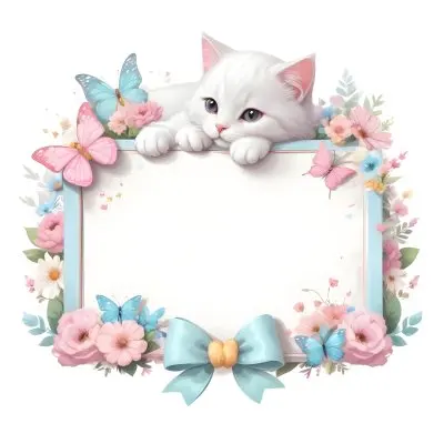 A Cute White Cat With A Pink Bow Holding A Blank Sign Surrounded By Colorful Butterflies Flowers And Pastel Decorations 12 F6f1