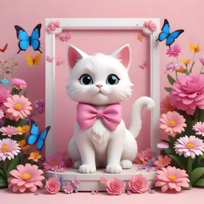 A Cute White Cat With A Pink Bow Holding A Blank Sign Surrounded By Colorful Butterflies Flowers And Pastel Decorations 120 3d58