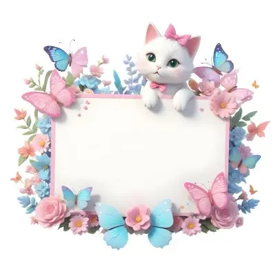 A Cute White Cat With A Pink Bow Holding A Blank Sign Surrounded By Colorful Butterflies Flowers And Pastel Decorations 122 84fc