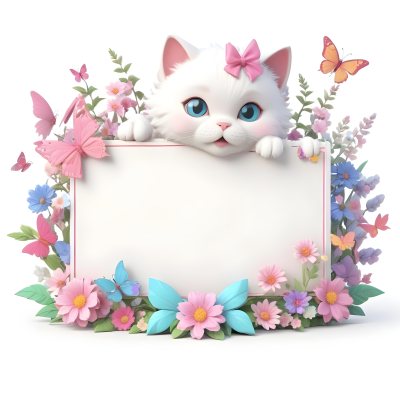 A Cute White Cat With A Pink Bow Holding A Blank Sign Surrounded By Colorful Butterflies Flowers And Pastel Decorations 123 6350