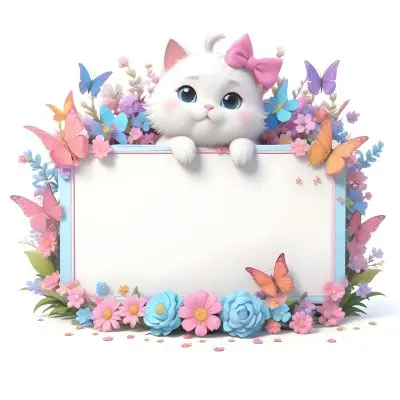 A Cute White Cat With A Pink Bow Holding A Blank Sign Surrounded By Colorful Butterflies Flowers And Pastel Decorations 124 2051