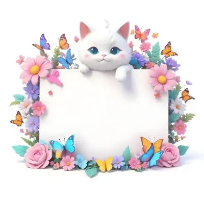 A Cute White Cat With A Pink Bow Holding A Blank Sign Surrounded By Colorful Butterflies Flowers And Pastel Decorations 125 7c45