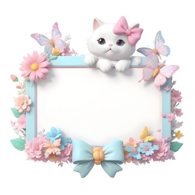 A Cute White Cat With A Pink Bow Holding A Blank Sign Surrounded By Colorful Butterflies Flowers And Pastel Decorations 126 Dd1f