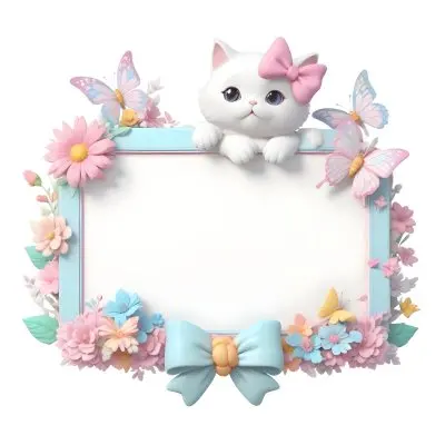 A Cute White Cat With A Pink Bow Holding A Blank Sign Surrounded By Colorful Butterflies Flowers And Pastel Decorations 126 Dd1f