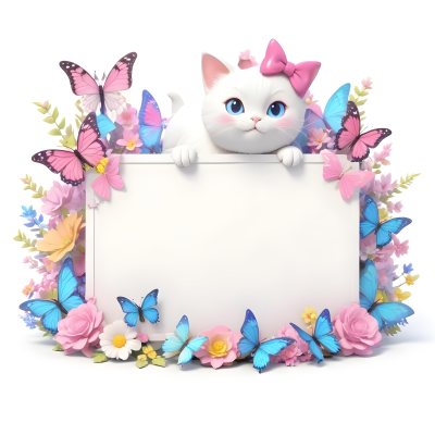 A Cute White Cat With A Pink Bow Holding A Blank Sign Surrounded By Colorful Butterflies Flowers And Pastel Decorations 127 A8be
