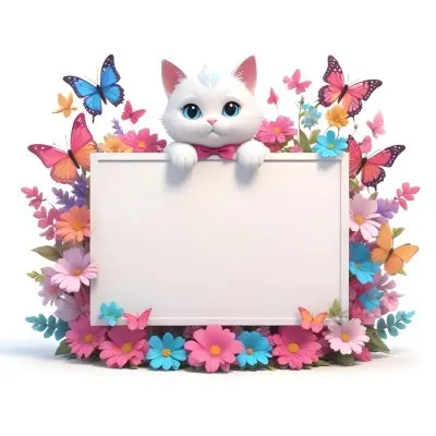 A Cute White Cat With A Pink Bow Holding A Blank Sign Surrounded By Colorful Butterflies Flowers And Pastel Decorations 128 1869