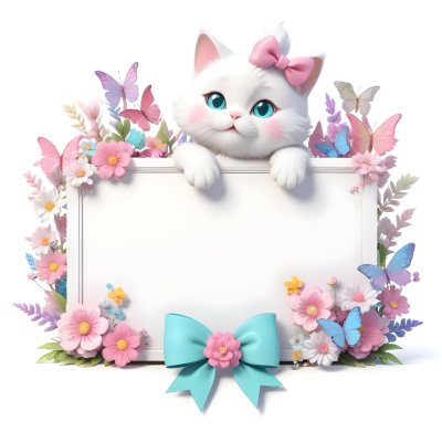 A Cute White Cat With A Pink Bow Holding A Blank Sign Surrounded By Colorful Butterflies Flowers And Pastel Decorations 129 Af68