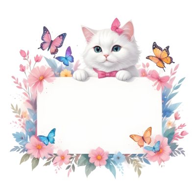 A Cute White Cat With A Pink Bow Holding A Blank Sign Surrounded By Colorful Butterflies Flowers And Pastel Decorations 13 Cc3a