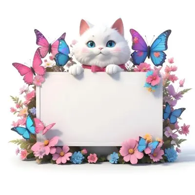 A Cute White Cat With A Pink Bow Holding A Blank Sign Surrounded By Colorful Butterflies Flowers And Pastel Decorations 130 D5e5