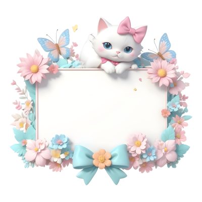 A Cute White Cat With A Pink Bow Holding A Blank Sign Surrounded By Colorful Butterflies Flowers And Pastel Decorations 131 001f
