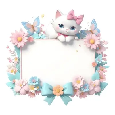 A Cute White Cat With A Pink Bow Holding A Blank Sign Surrounded By Colorful Butterflies Flowers And Pastel Decorations 131 001f