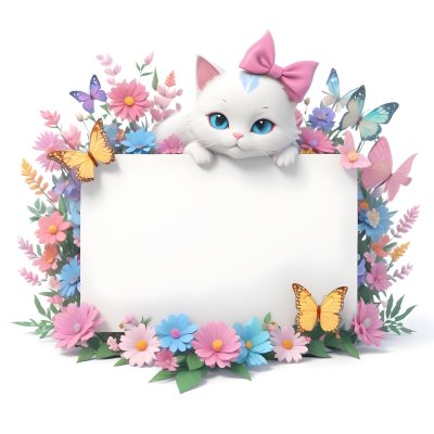 A Cute White Cat With A Pink Bow Holding A Blank Sign Surrounded By Colorful Butterflies Flowers And Pastel Decorations 132 8a92