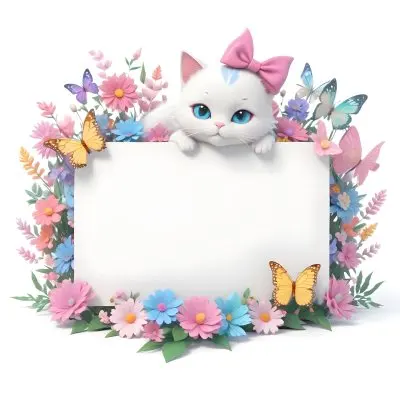 A Cute White Cat With A Pink Bow Holding A Blank Sign Surrounded By Colorful Butterflies Flowers And Pastel Decorations 132 8a92