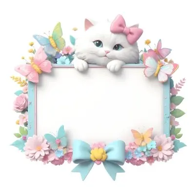 A Cute White Cat With A Pink Bow Holding A Blank Sign Surrounded By Colorful Butterflies Flowers And Pastel Decorations 133 Da24