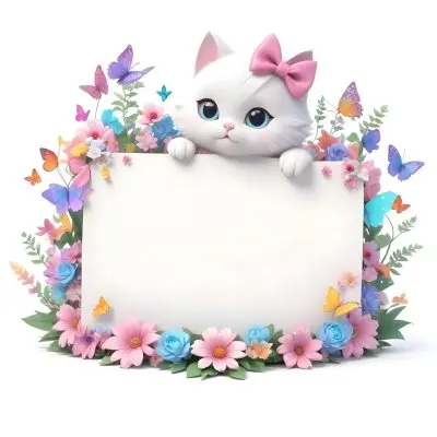 A Cute White Cat With A Pink Bow Holding A Blank Sign Surrounded By Colorful Butterflies Flowers And Pastel Decorations 135 F9b2