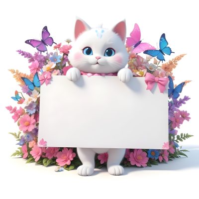A Cute White Cat With A Pink Bow Holding A Blank Sign Surrounded By Colorful Butterflies Flowers And Pastel Decorations 136 B695