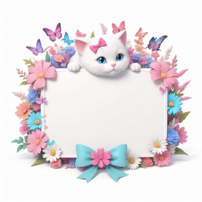 A Cute White Cat With A Pink Bow Holding A Blank Sign Surrounded By Colorful Butterflies Flowers And Pastel Decorations 137 E747