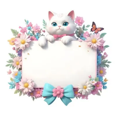 A Cute White Cat With A Pink Bow Holding A Blank Sign Surrounded By Colorful Butterflies Flowers And Pastel Decorations 138 019c