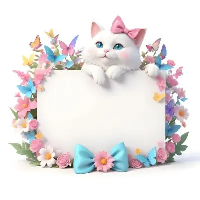 A Cute White Cat With A Pink Bow Holding A Blank Sign Surrounded By Colorful Butterflies Flowers And Pastel Decorations 139 0c28