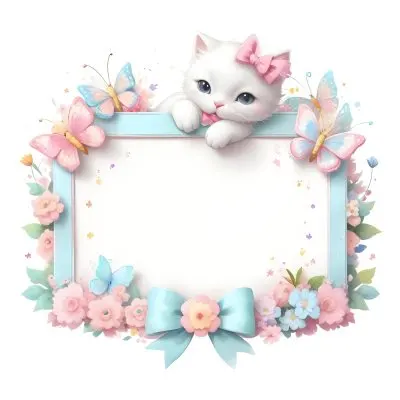 A Cute White Cat With A Pink Bow Holding A Blank Sign Surrounded By Colorful Butterflies Flowers And Pastel Decorations 14 B6ca