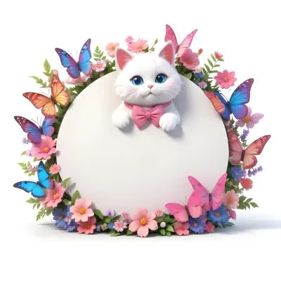 A Cute White Cat With A Pink Bow Holding A Blank Sign Surrounded By Colorful Butterflies Flowers And Pastel Decorations 140 1ae8