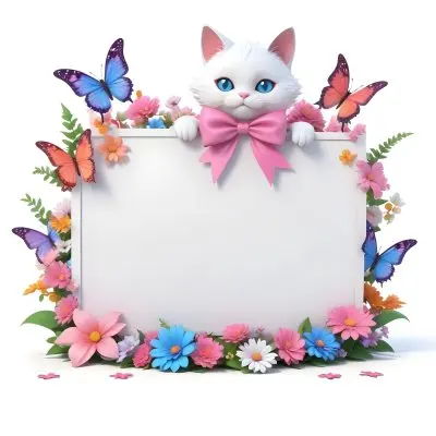 A Cute White Cat With A Pink Bow Holding A Blank Sign Surrounded By Colorful Butterflies Flowers And Pastel Decorations 141 00c9