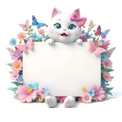 A Cute White Cat With A Pink Bow Holding A Blank Sign Surrounded By Colorful Butterflies Flowers And Pastel Decorations 143 04c8