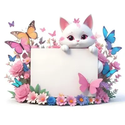A Cute White Cat With A Pink Bow Holding A Blank Sign Surrounded By Colorful Butterflies Flowers And Pastel Decorations 144 9d3b