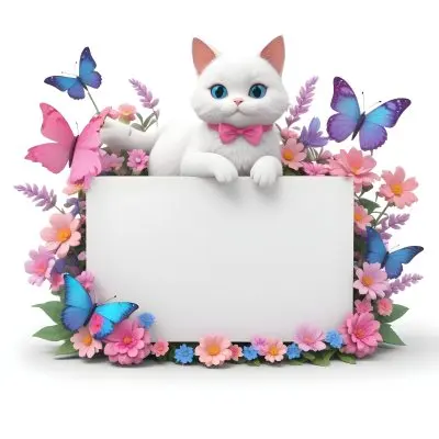 A Cute White Cat With A Pink Bow Holding A Blank Sign Surrounded By Colorful Butterflies Flowers And Pastel Decorations 146 679b