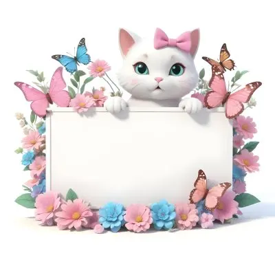 A Cute White Cat With A Pink Bow Holding A Blank Sign Surrounded By Colorful Butterflies Flowers And Pastel Decorations 147 Fb1b