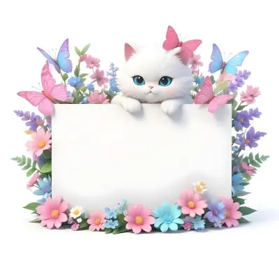 A Cute White Cat With A Pink Bow Holding A Blank Sign Surrounded By Colorful Butterflies Flowers And Pastel Decorations 148 F07c