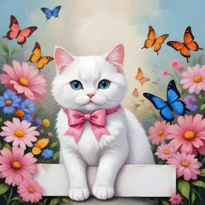 A Cute White Cat With A Pink Bow Holding A Blank Sign Surrounded By Colorful Butterflies Flowers And Pastel Decorations 149 7643