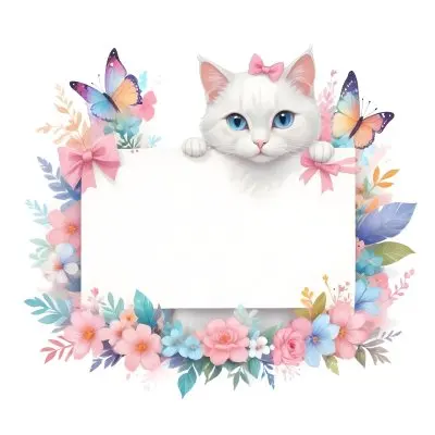 A Cute White Cat With A Pink Bow Holding A Blank Sign Surrounded By Colorful Butterflies Flowers And Pastel Decorations 15 D8e2