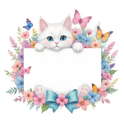A Cute White Cat With A Pink Bow Holding A Blank Sign Surrounded By Colorful Butterflies Flowers And Pastel Decorations 150 Abf8