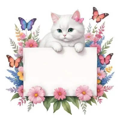 A Cute White Cat With A Pink Bow Holding A Blank Sign Surrounded By Colorful Butterflies Flowers And Pastel Decorations 151 A583