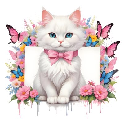 A Cute White Cat With A Pink Bow Holding A Blank Sign Surrounded By Colorful Butterflies Flowers And Pastel Decorations 152 9970