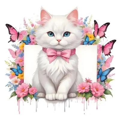 A Cute White Cat With A Pink Bow Holding A Blank Sign Surrounded By Colorful Butterflies Flowers And Pastel Decorations 152 9970