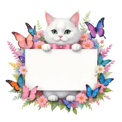 A Cute White Cat With A Pink Bow Holding A Blank Sign Surrounded By Colorful Butterflies Flowers And Pastel Decorations 154 Db99
