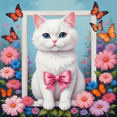 A Cute White Cat With A Pink Bow Holding A Blank Sign Surrounded By Colorful Butterflies Flowers And Pastel Decorations 155 6431