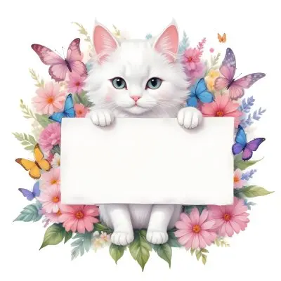 A Cute White Cat With A Pink Bow Holding A Blank Sign Surrounded By Colorful Butterflies Flowers And Pastel Decorations 156 Cbcf