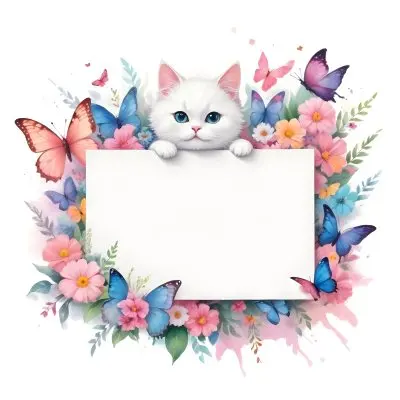 A Cute White Cat With A Pink Bow Holding A Blank Sign Surrounded By Colorful Butterflies Flowers And Pastel Decorations 157 0474