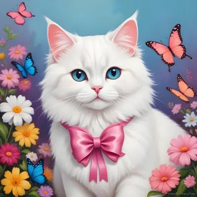 A Cute White Cat With A Pink Bow Holding A Blank Sign Surrounded By Colorful Butterflies Flowers And Pastel Decorations 158 2b72